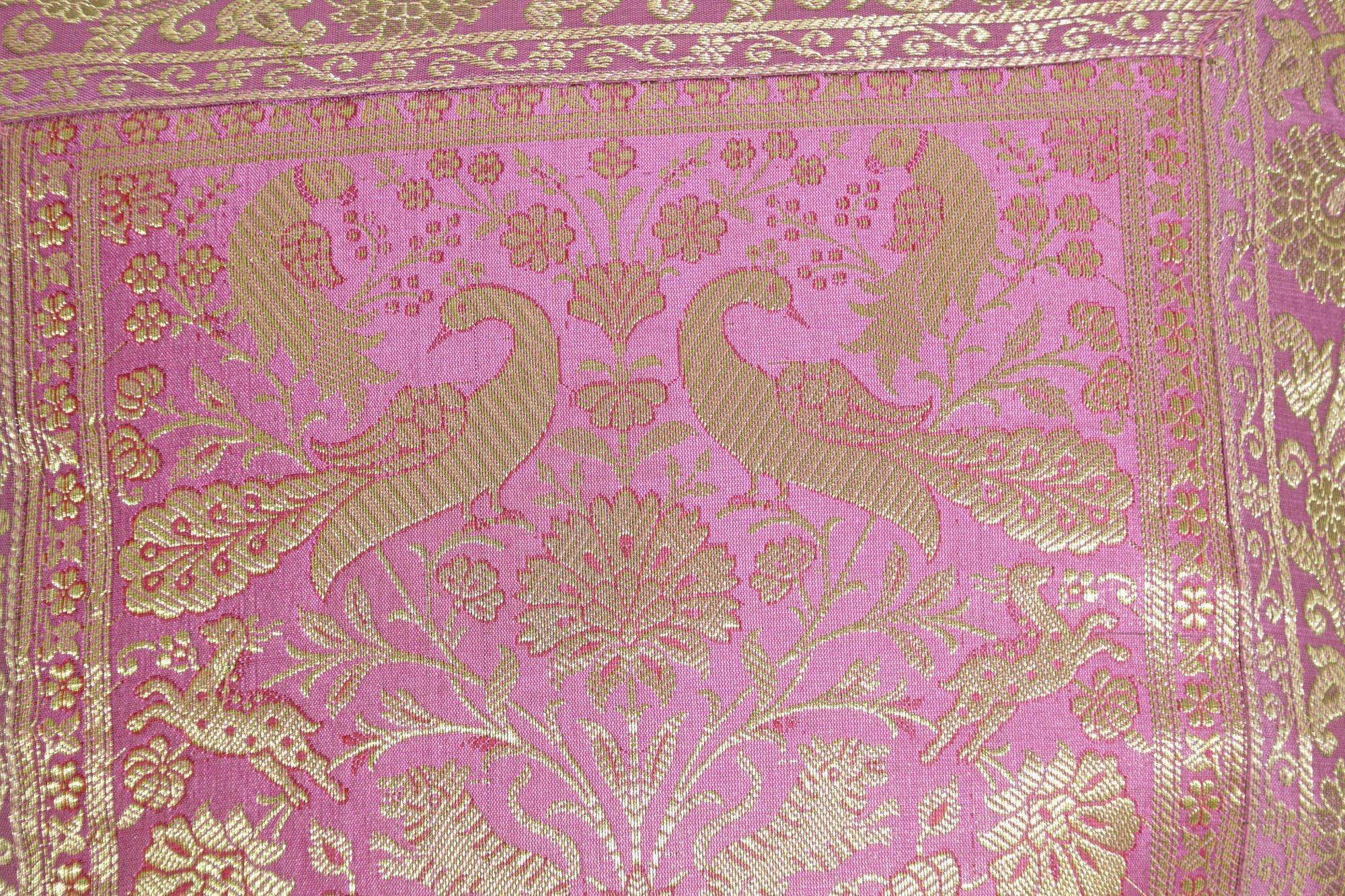Silk Pink Throw Pillow with Elephants and Peacocks India