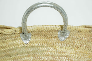 French Moroccan Straw Basket Tote Bag with Piped Leather Handles