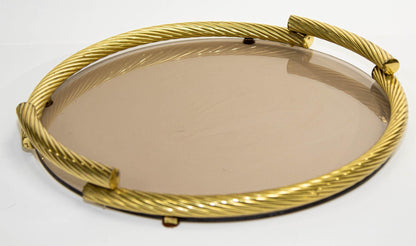 Dimart Brass Italian Round Tray with Smoked Glass 1980s — additional view 7