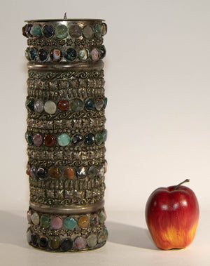 Vintage Agate Inlaid Jewelled Moroccan Silver Candle Holder