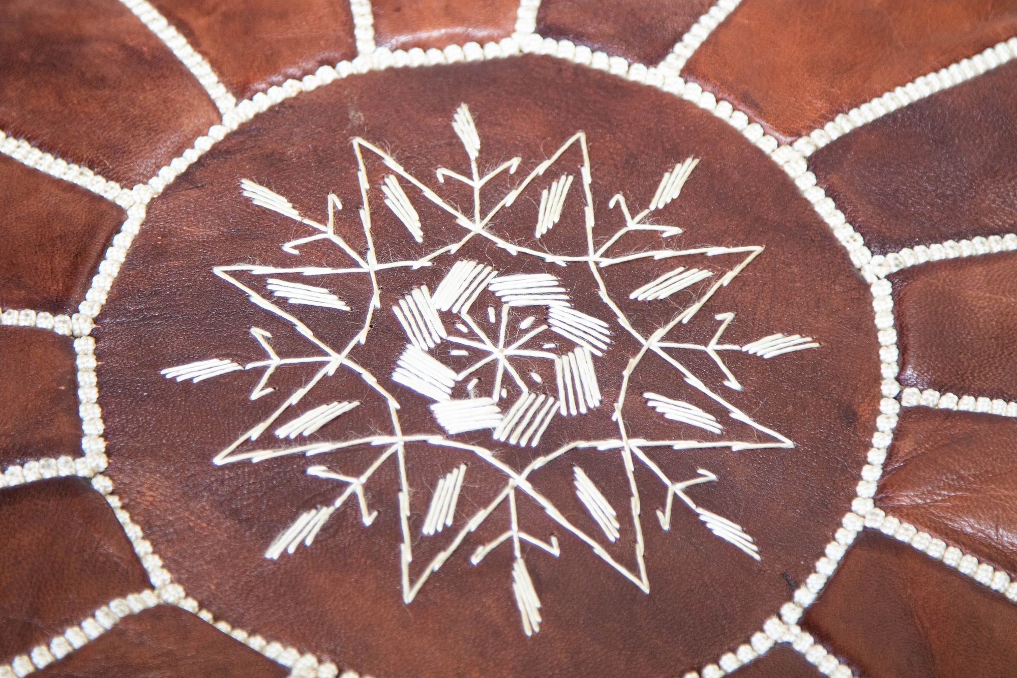 Moroccan Hand Tooled Brown Leather Pouf