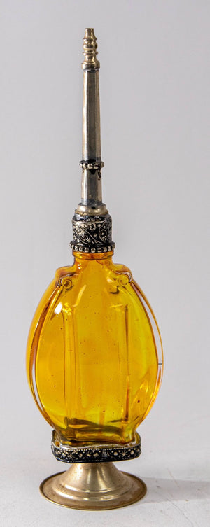 Moroccan Footed Glass Perfume Bottle Sprinkler with Embossed Metal Overlay