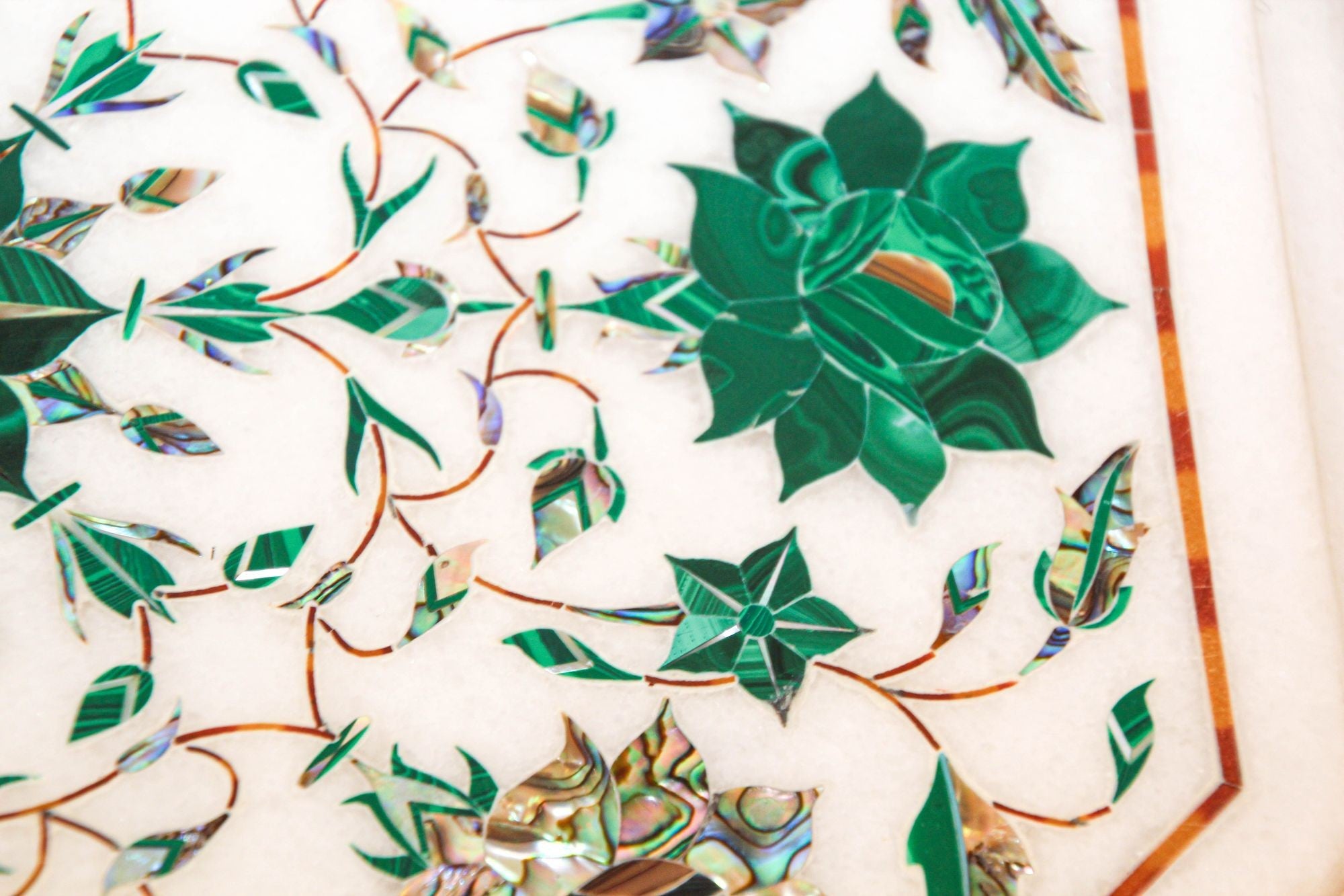 Pietra Dura White Mosaic Octagonal Inlaid Marble Top Handcrafted Agra India 1980