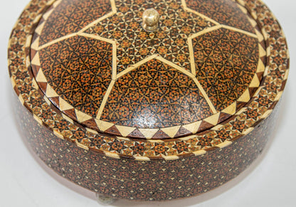 Persian Box Khatam Kari Footed Wooden Round Jewelry Vanity Trinket Moorish Box