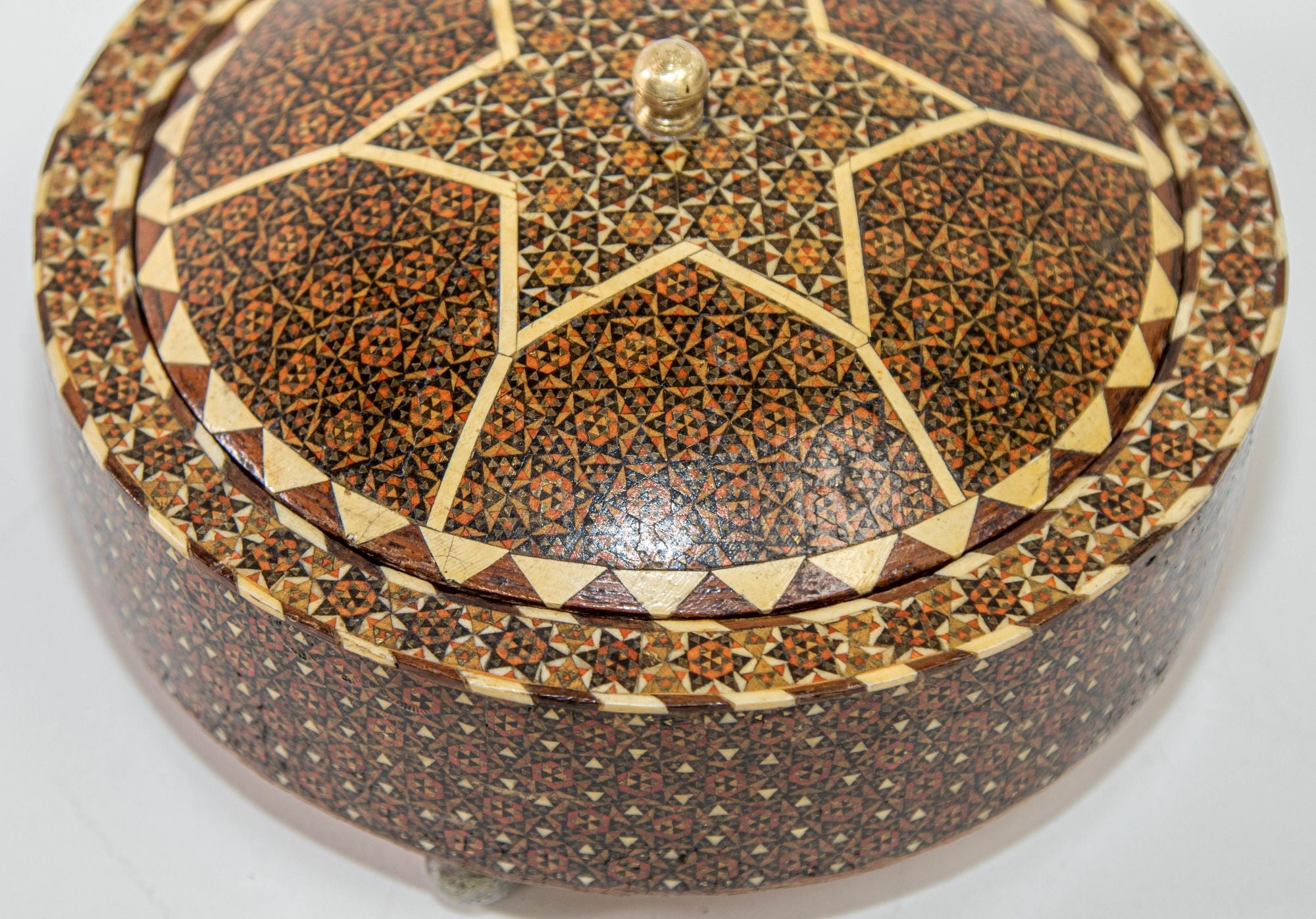 Persian Box Khatam Kari Footed Wooden Round Jewelry Vanity Trinket Moorish Box