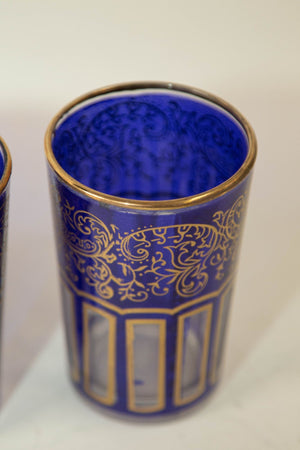 Moroccan Royal Blue Glasses with Gold Moorish Arabesque Design Set of 6 Barware