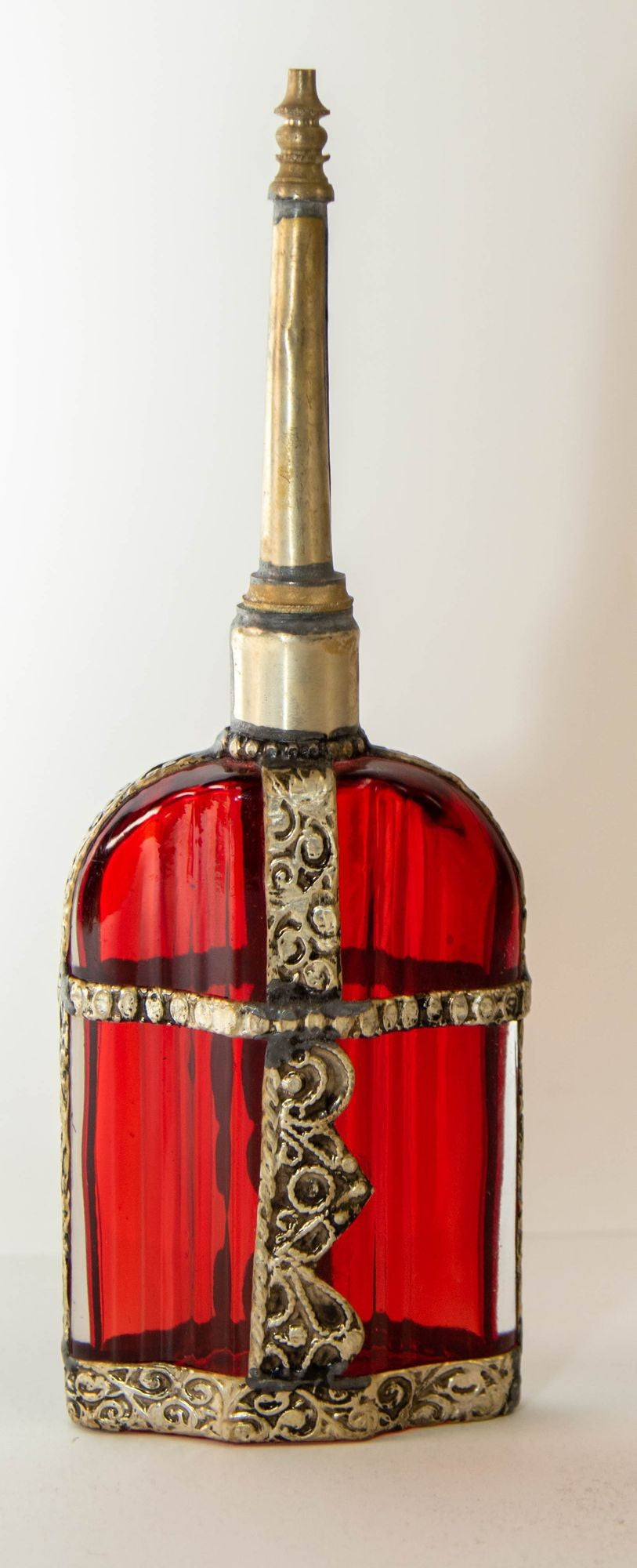 Moroccan Perfume Bottle Sprinkler with Embossed Metal Overlay and Red Glass