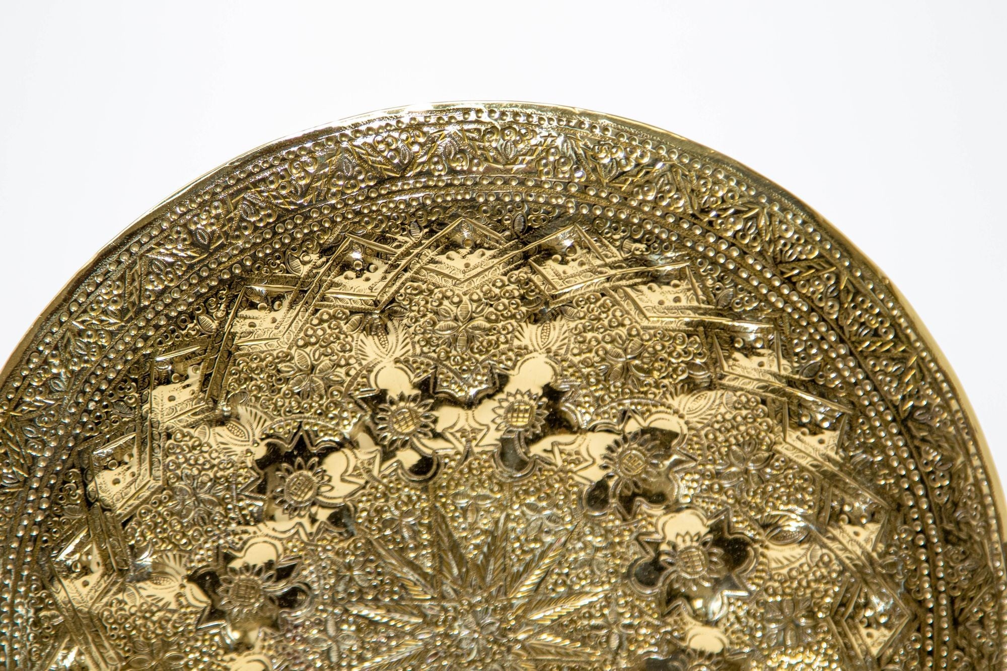 Islamic Persian Polished Brass Tray Collectible Metal Work Platter 10 inches D.