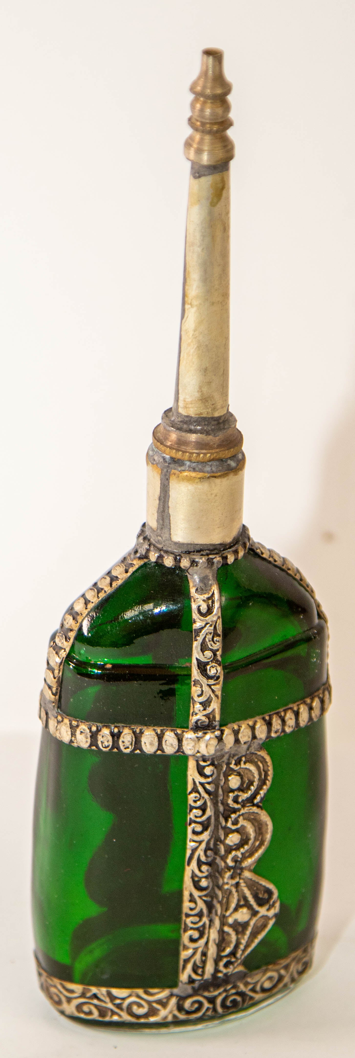 Moorish Green Glass Perfume Bottle Sprinkler with Embossed Metal Overlay