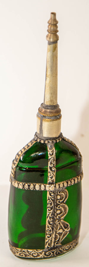 Moorish Green Glass Perfume Bottle Sprinkler with Embossed Metal Overlay