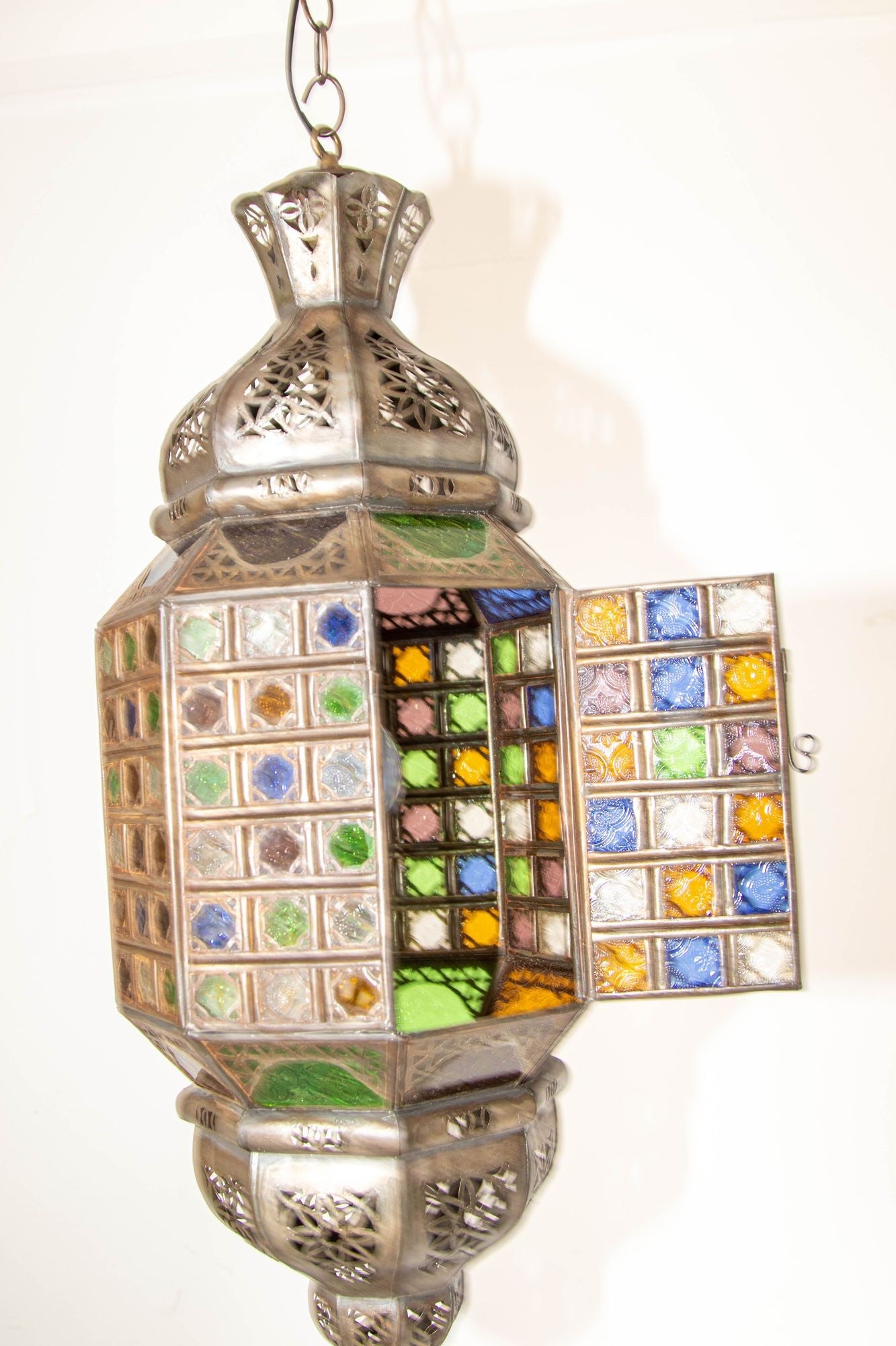 Moroccan Hanging Glass Lantern Moorish Metal Light Fixture with Stained Glass