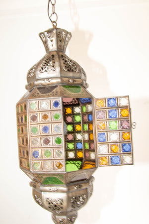 Moroccan Moorish Metal Light Fixture with Stained Glass