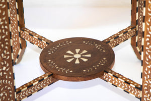 Anglo Indian Mughal Teak Wood Round Side Table with Bone Inlaid