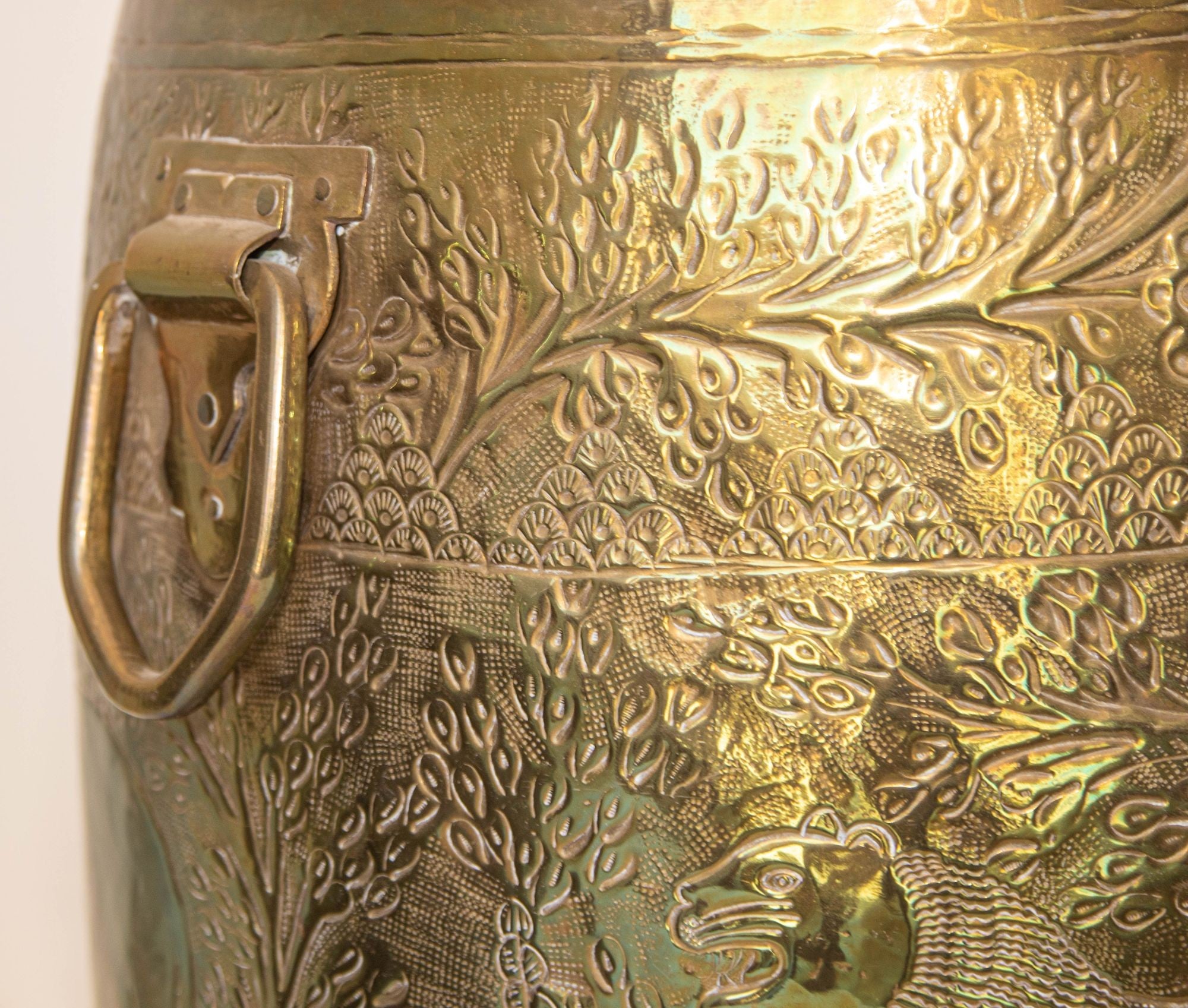 Large Vintage Polished Brass Planters Anglo Raj Hammered Jungle Design a Pair