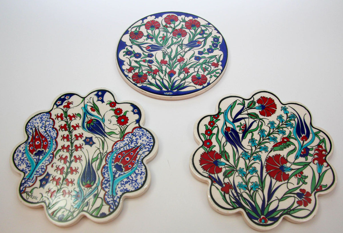 Handcrafted Turkish Iznik Style Ceramic Tiles Set of 3, Vintage, 1980s