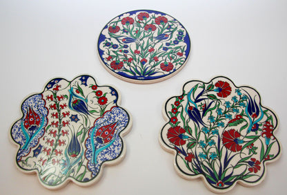 Handcrafted Turkish Iznik Style Ceramic Tiles Set of 3, Vintage, 1980s