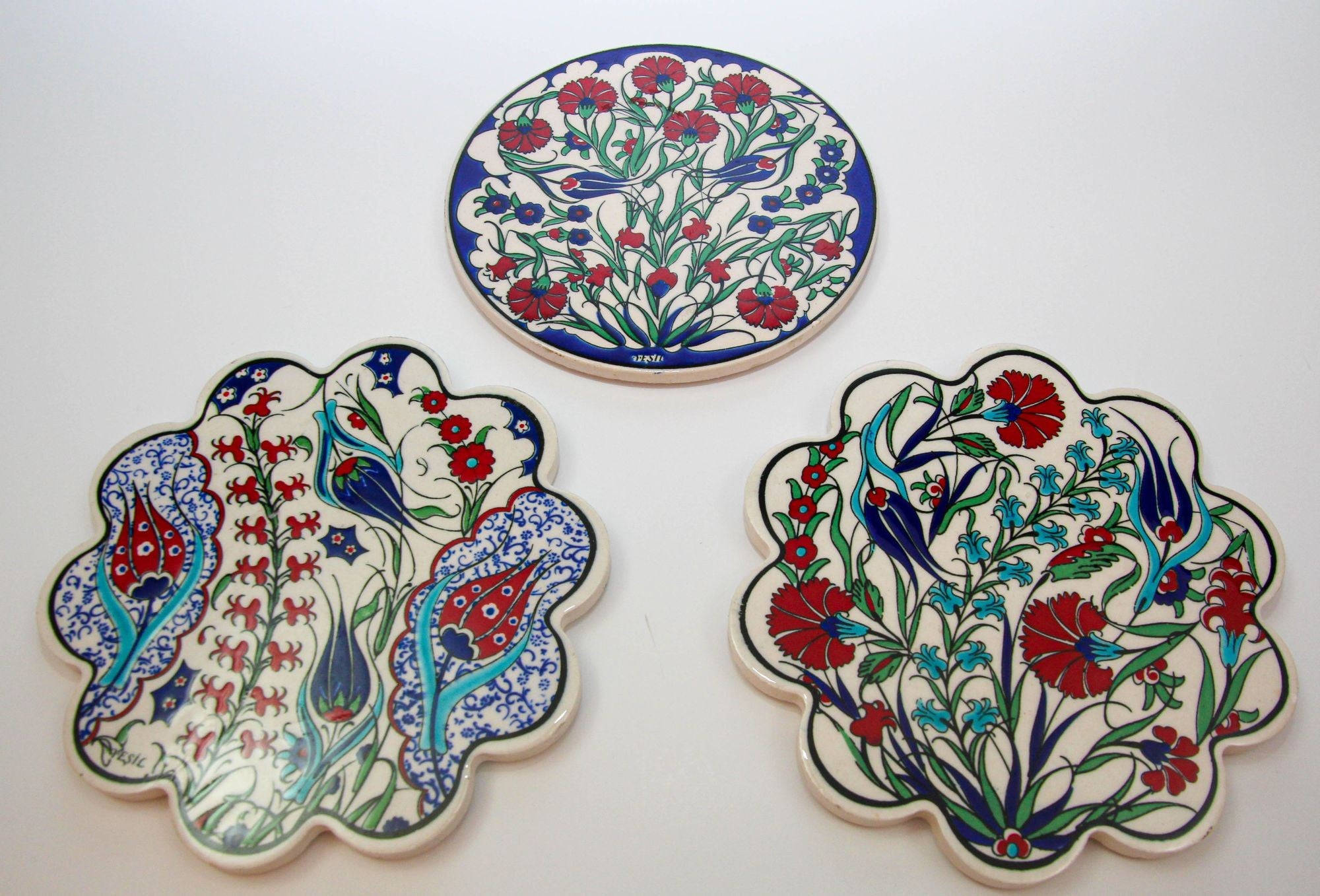 Turkish Iznik Style Ceramic Tiles Set of 3