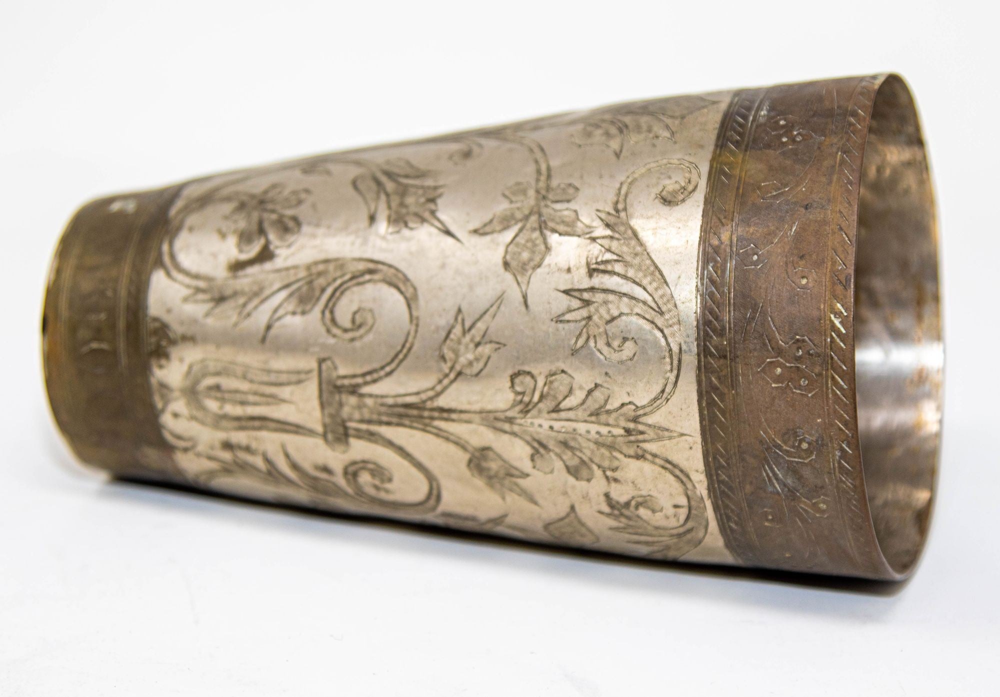 Antique Engraved Metal Silvered Beaker or Vase from India 1940s