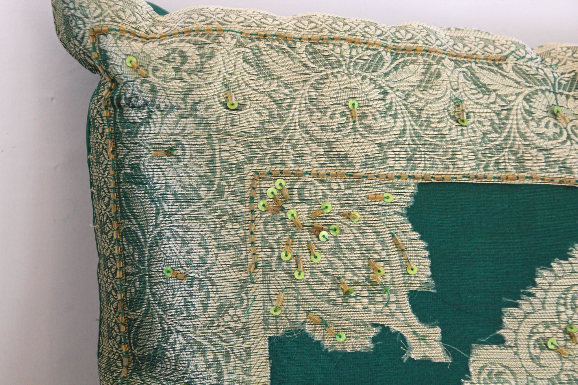 Emerald Green Moorish Throw Pillows Embellished with Sequins and Beads a Pair
