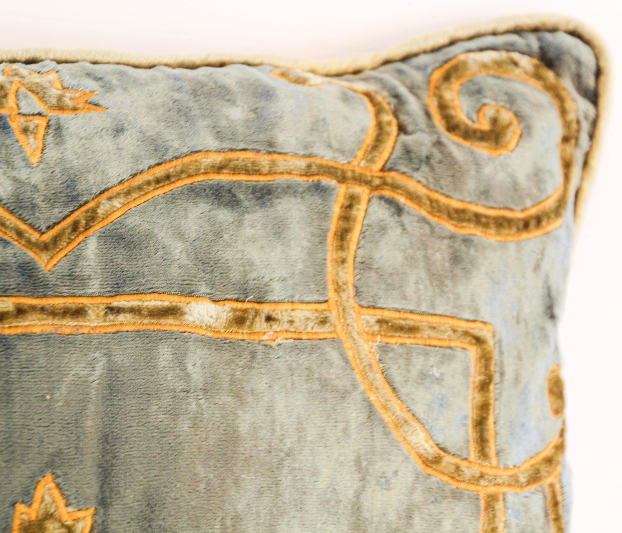 Baroque Venetian Style, Blue and Gold Velvet Pillow, Elaborate Applique Work