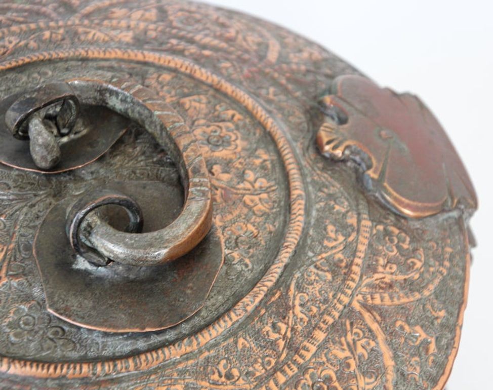 Antique South Asian Mughal Round Tinned Copper Box with Lid India 19th Century