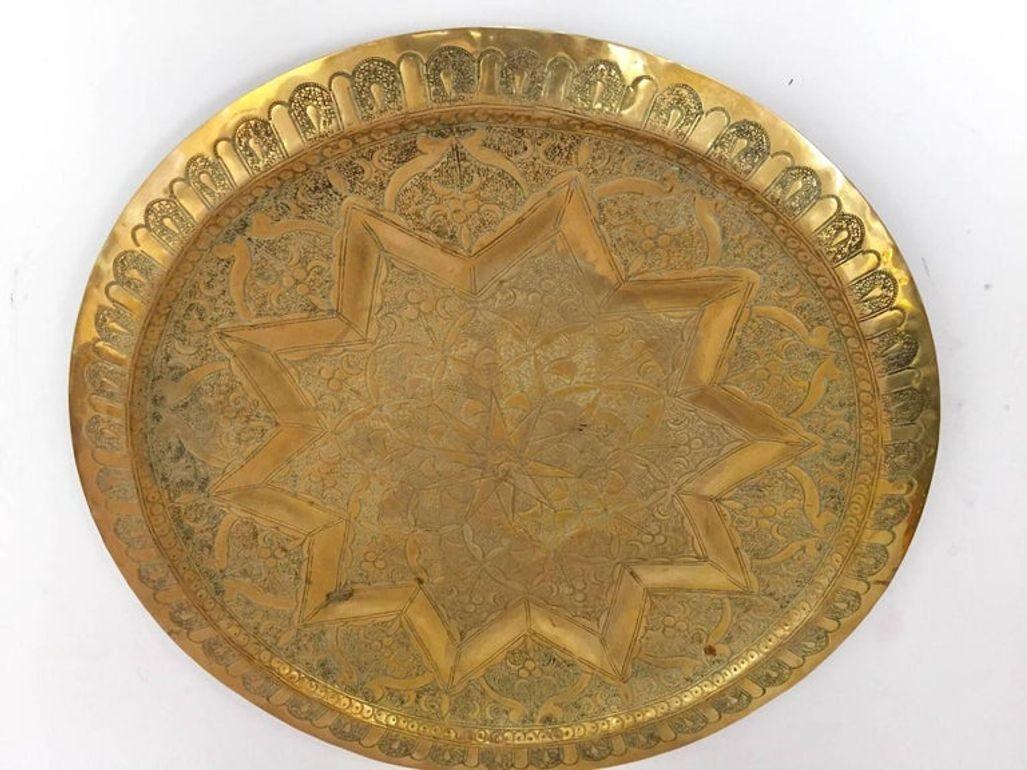 Middle Eastern Moorish Antique Round Brass Tray 20 inches