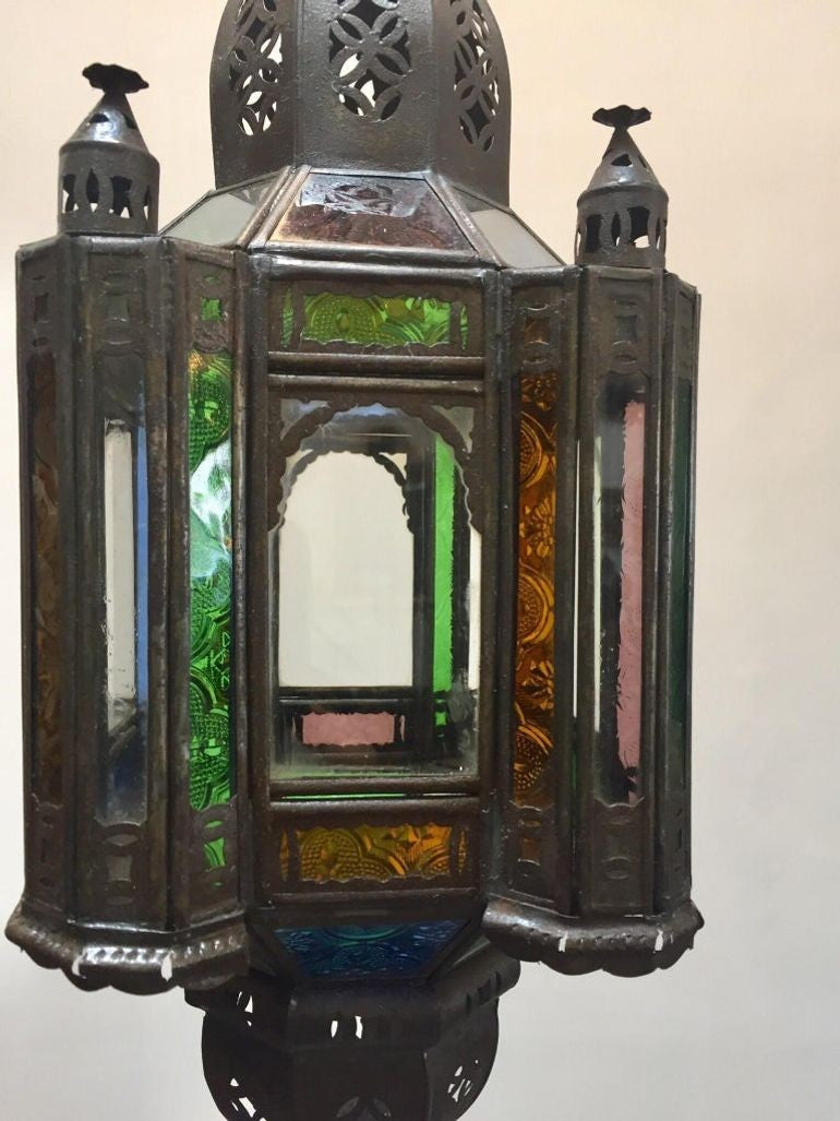 Moroccan Handcrafted Moorish Pendant Lantern with Multi-Color Glass
