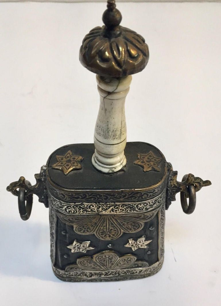 Antique Moroccan Berber Case Flask, Hand-Carved Wood & Brass, 1920s