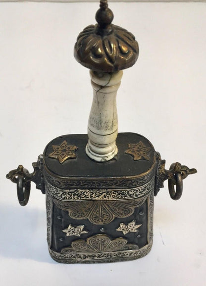 Antique Moroccan Berber Case Flask, Hand-Carved Wood & Brass, 1920s