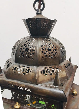 Moroccan Hall Lantern Light Fixture with Multi-Color Glass Moorish Style