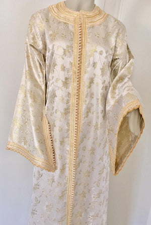 Vintage Moroccan Kaftan White and Gold Metallic Floral Brocade Caftan 1970's