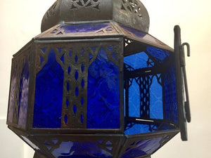 Handcrafted Moroccan Metal and Blue Glass Lantern, Octagonal Shape