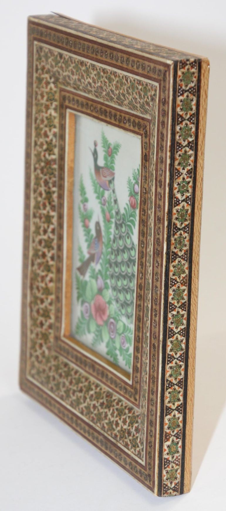 Middle Eastern Miniature Painting of Peacocks in Mosaic Frame