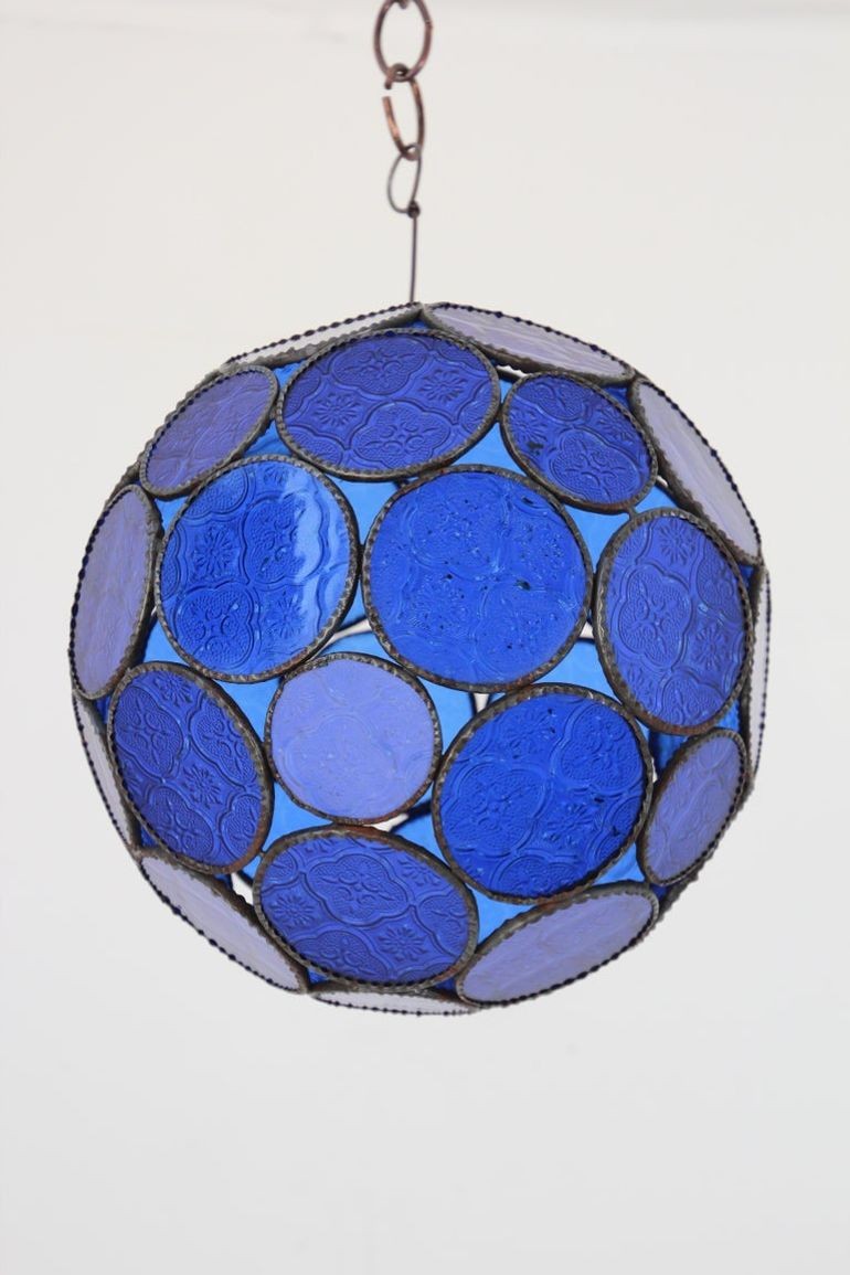Vintage Moroccan Cobalt Blue Glass Orb Lantern, Marrakech, circa 1970
