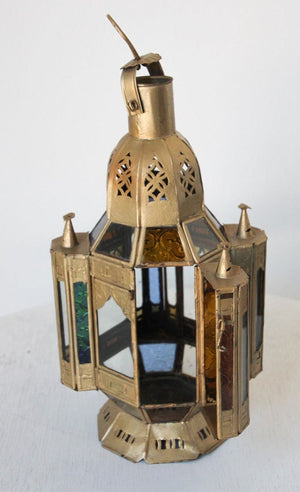 Moroccan Candle Lantern in Moorish Gilt Metal and Glass