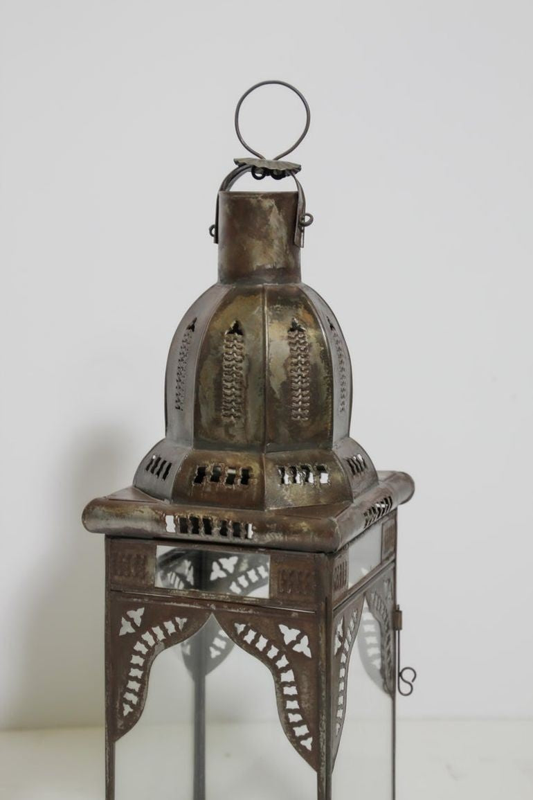 Moroccan Metal Candle Lantern in Moorish Square Metal and Clear Glass