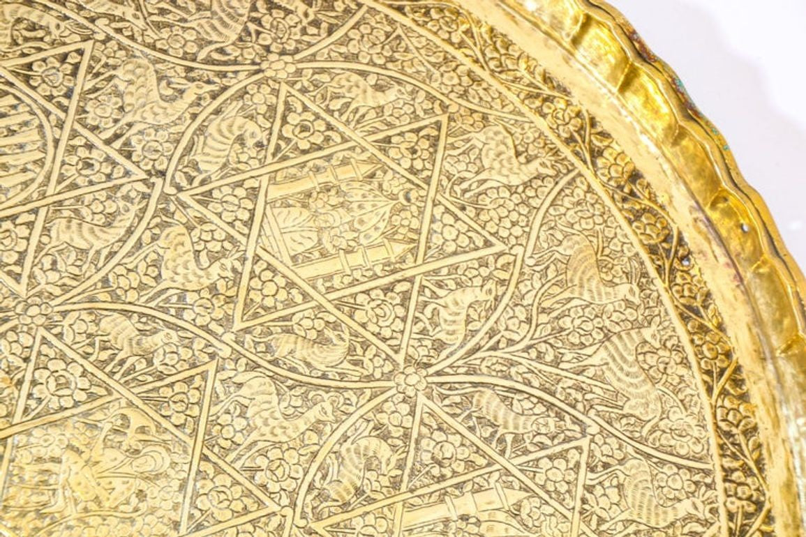 Large Antique Decorative Indo-Persian Mughal Hammered Brass Tray 19th c.