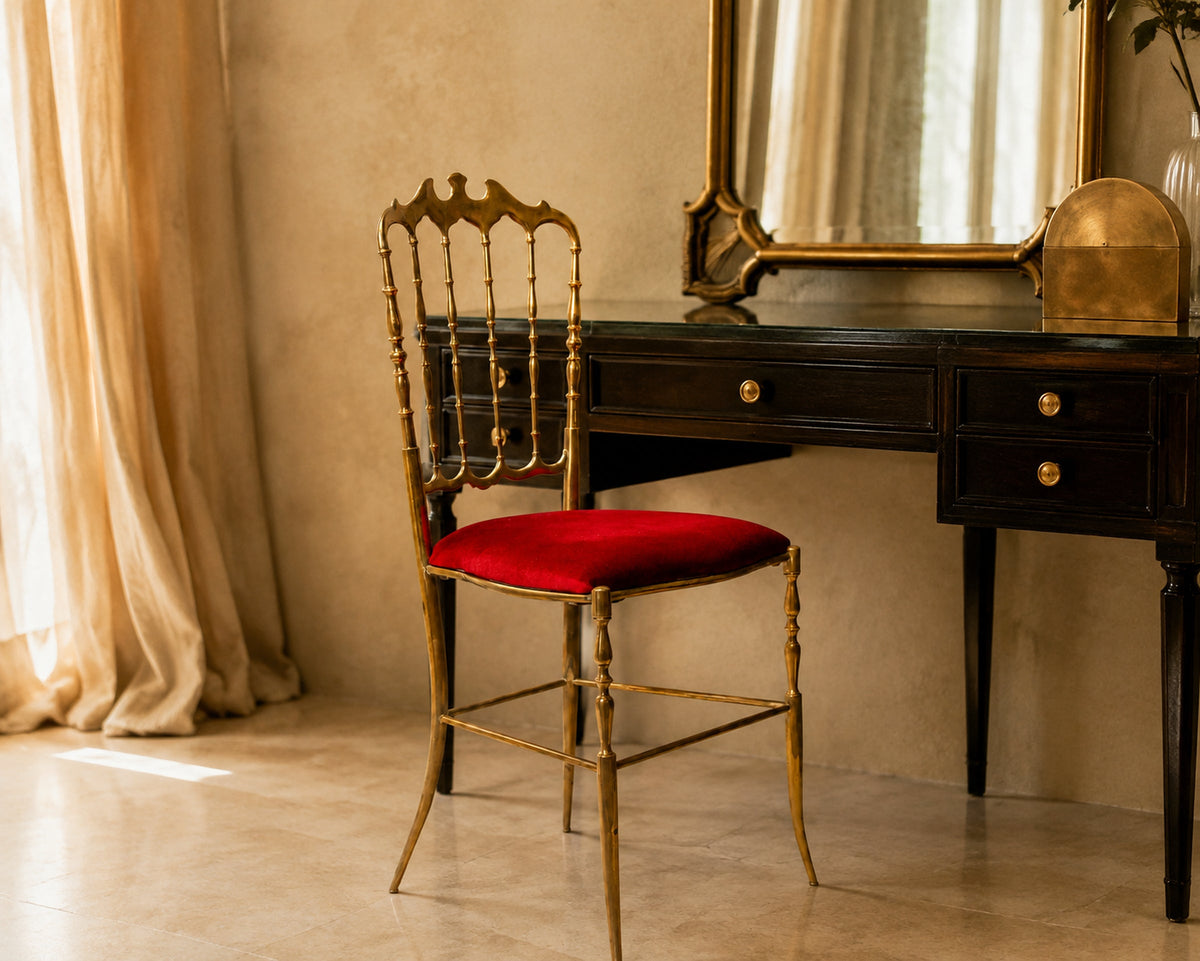 1960s Italian Brass Chiavari Chair, Bat-Wing Crest, Red Velvet — Italy