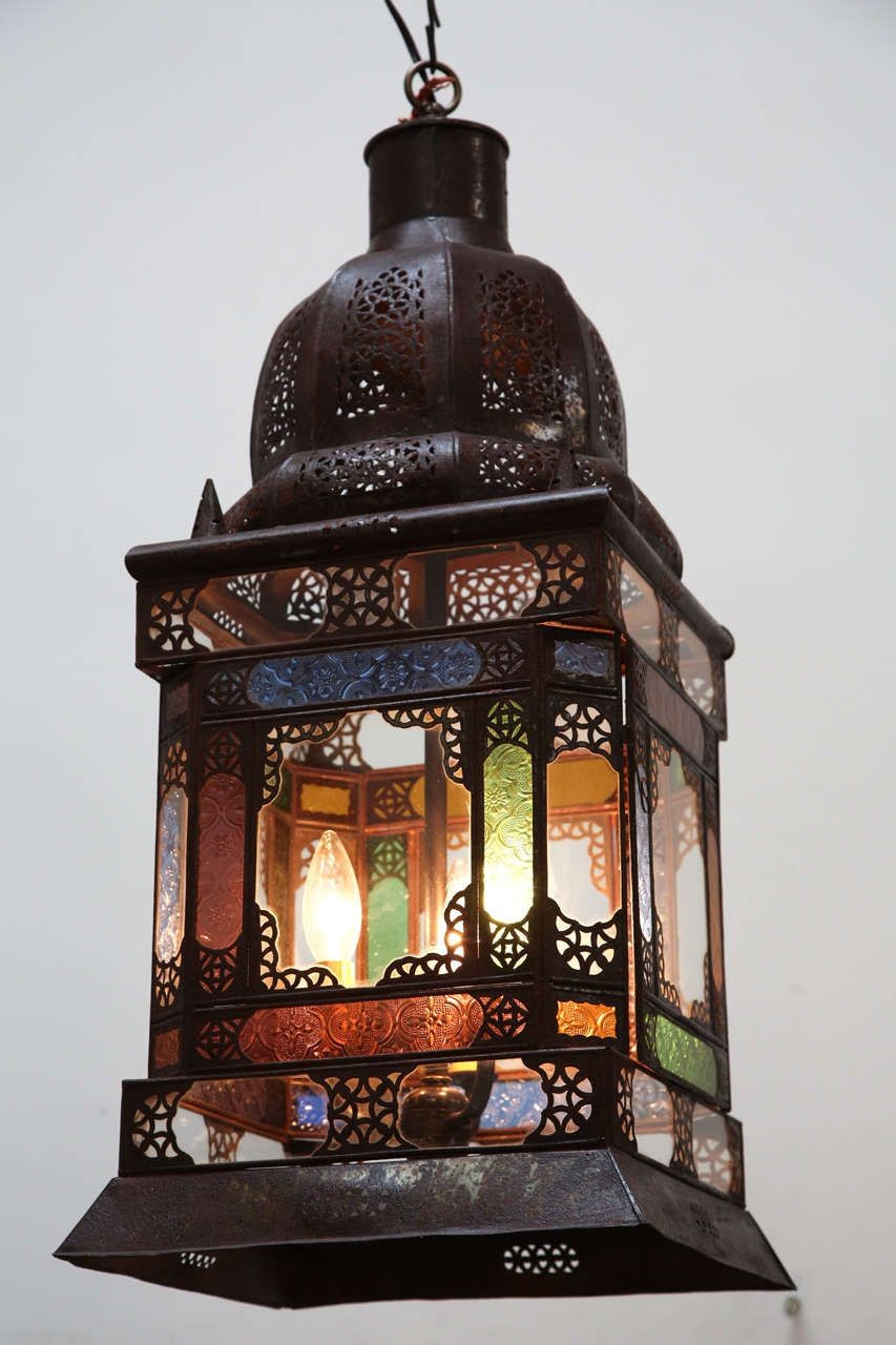 Moroccan Handcrafted Metal and Glass Lantern, Bohemian Style, 1980