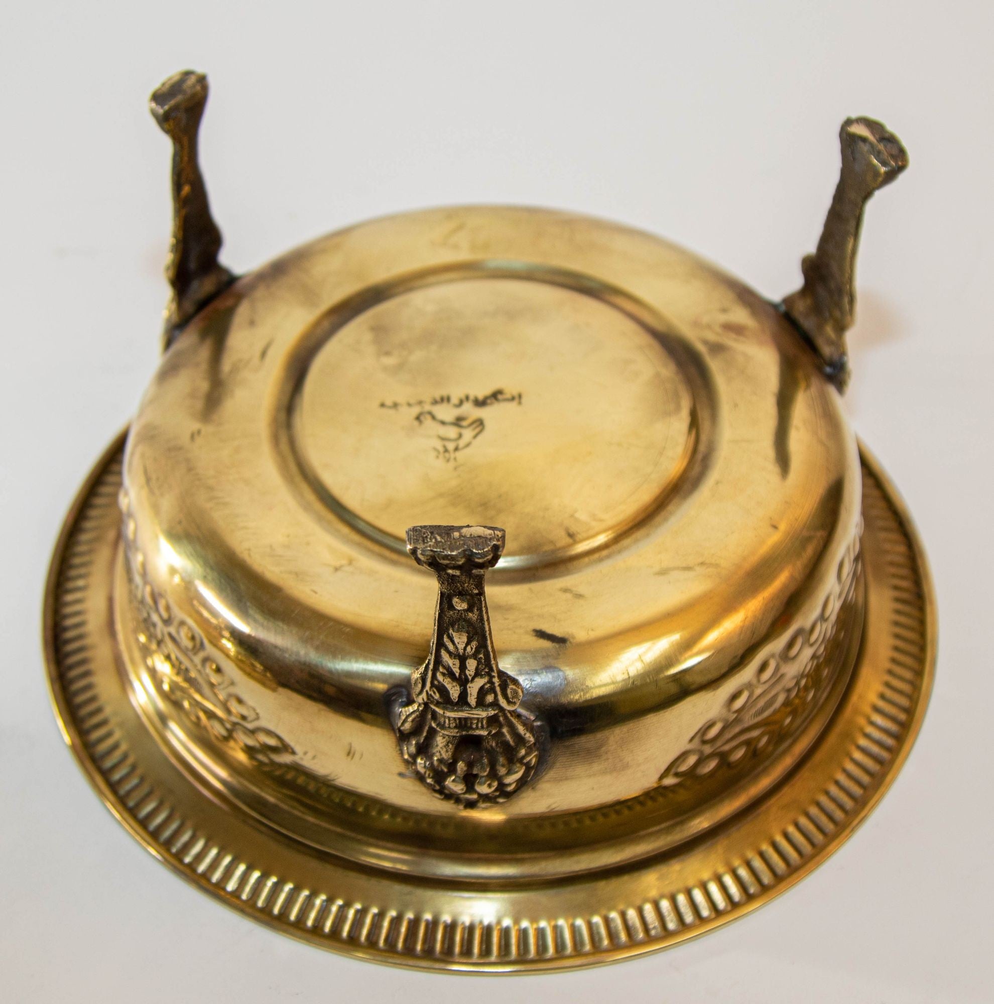 1940s Antique Round Moroccan Brass Serving Dish with Dome Lid and Paw Lion Feet.