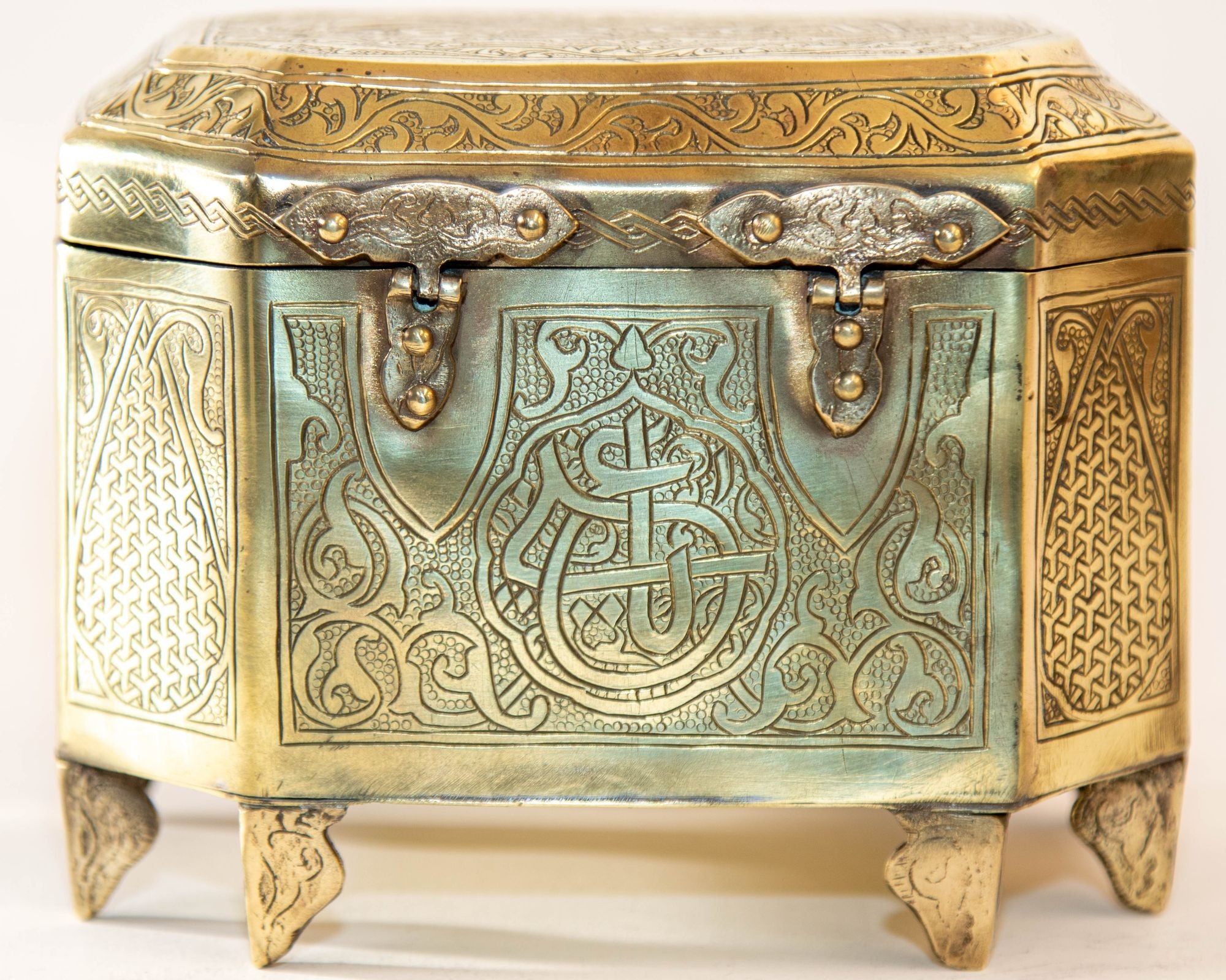 Persian Brass Jewelry Box in Mamluk Revival Damascene Moorish Islamic Style 1920