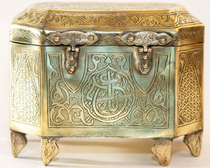 1920 Persian Brass Jewelry Box in Mamluk Revival Damascene Moorish Islamic Style