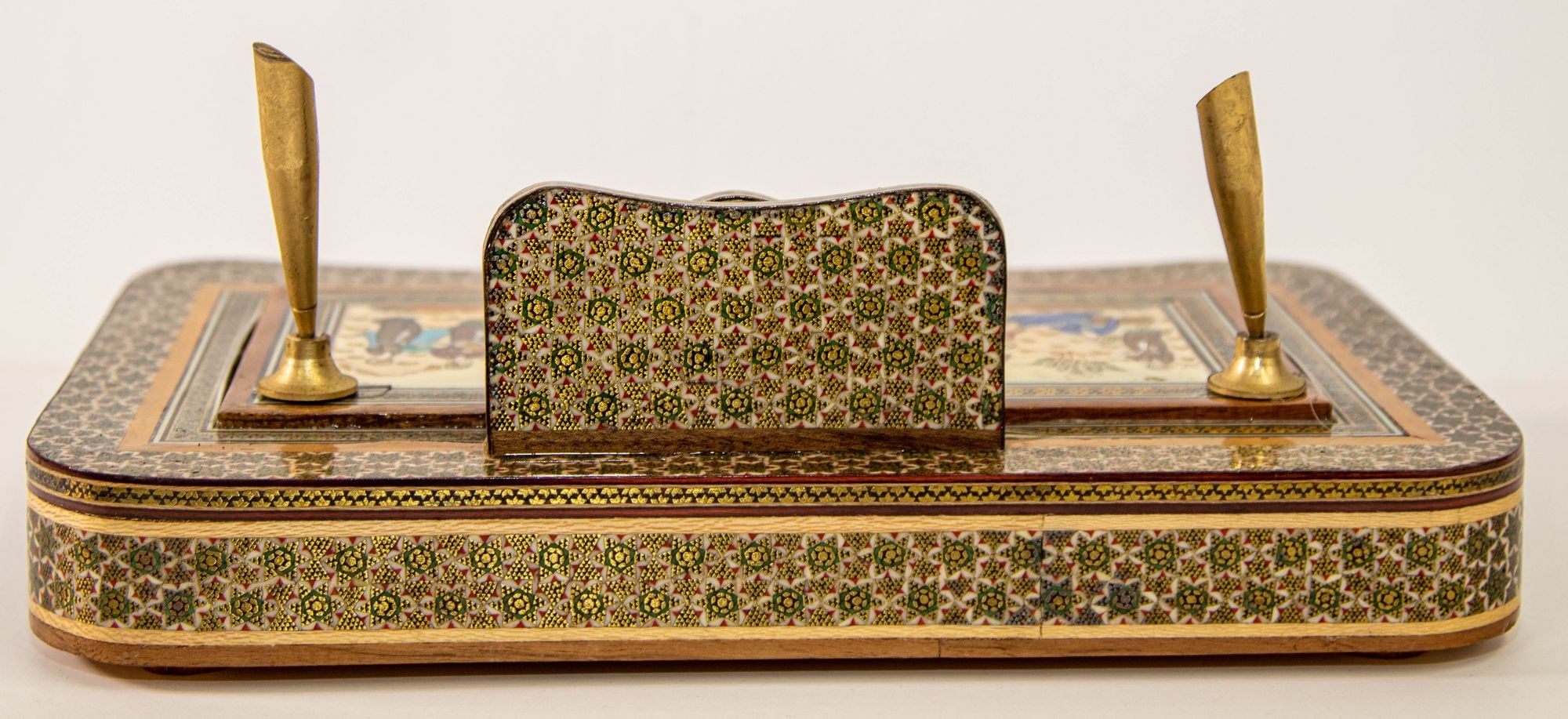 Vintage 1950s Persian Khatam Hand Painted Pen and Letter Desk Set