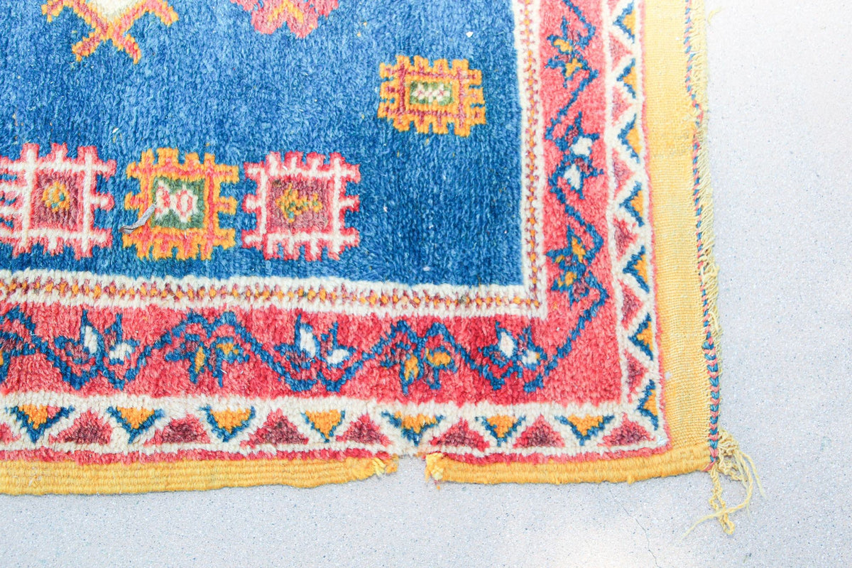 1960s Moroccan Berber Rug in Royal Blue, Pink and Orange Colors