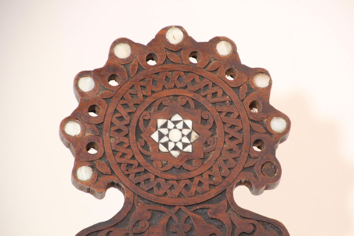 Antique Egyptian Moorish Carved Walnut Mother-of-Pearl Inlaid Folding Chair