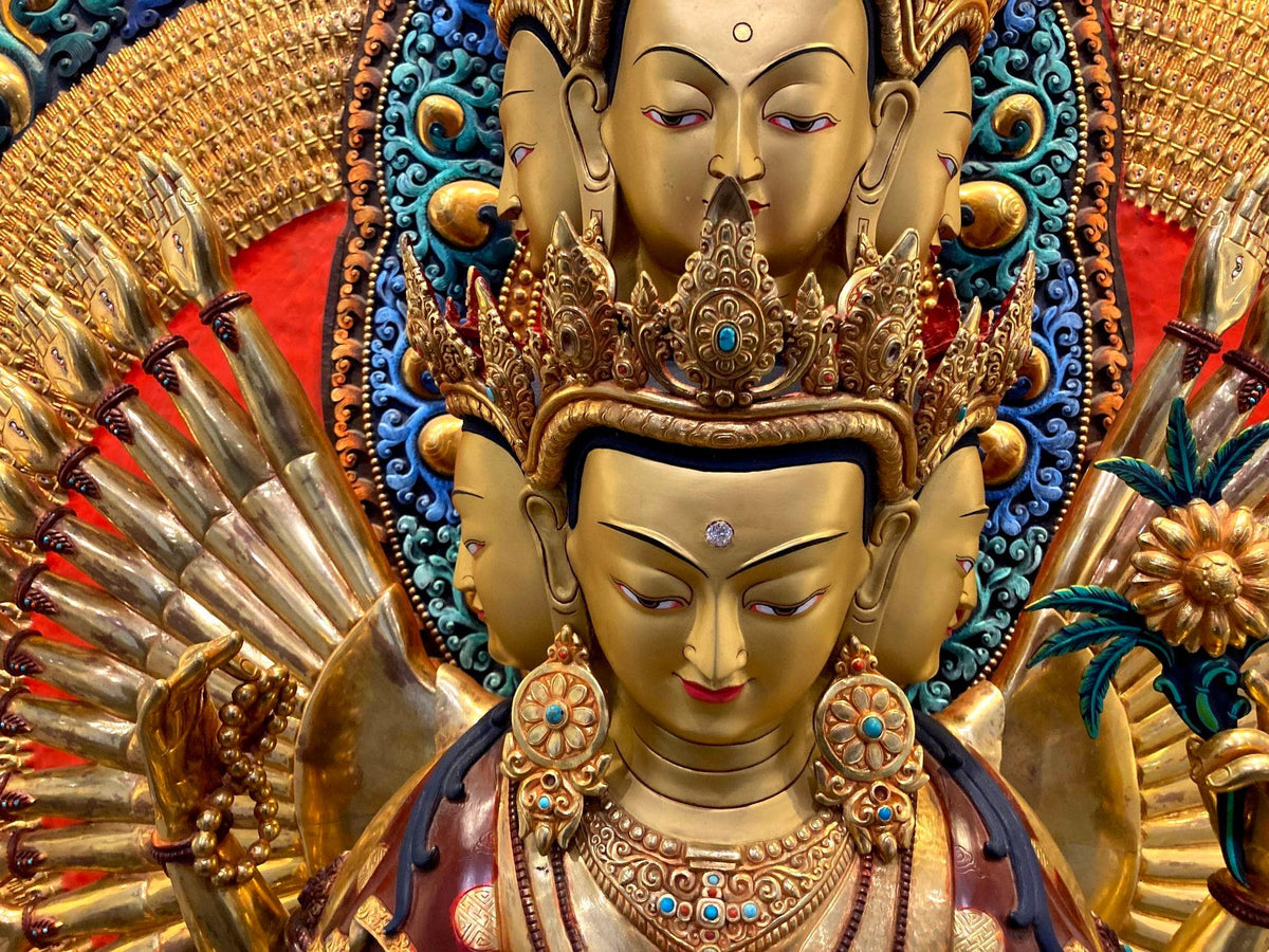Handcrafted Oversized Gilt and Polychrome Copper Avalokiteshvara Statue, Nepal — detail view 8