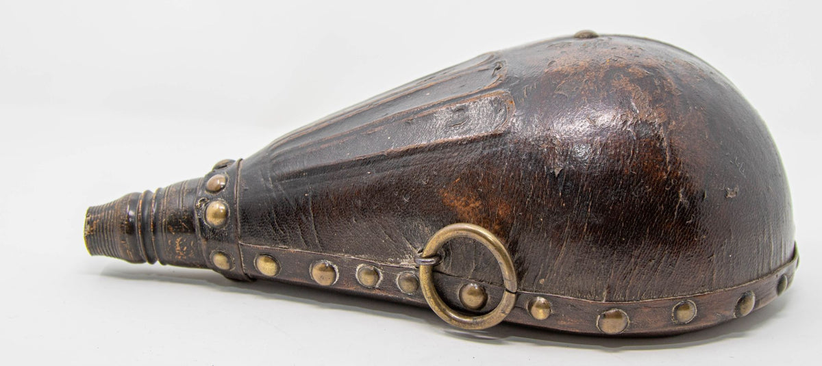 Antique Moroccan Carved Wood and Tooled Leather Powder Flask, 19th Century