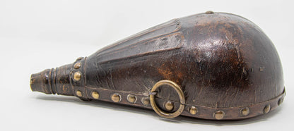 Antique Moroccan Carved Wood and Tooled Leather Powder Flask, 19th Century