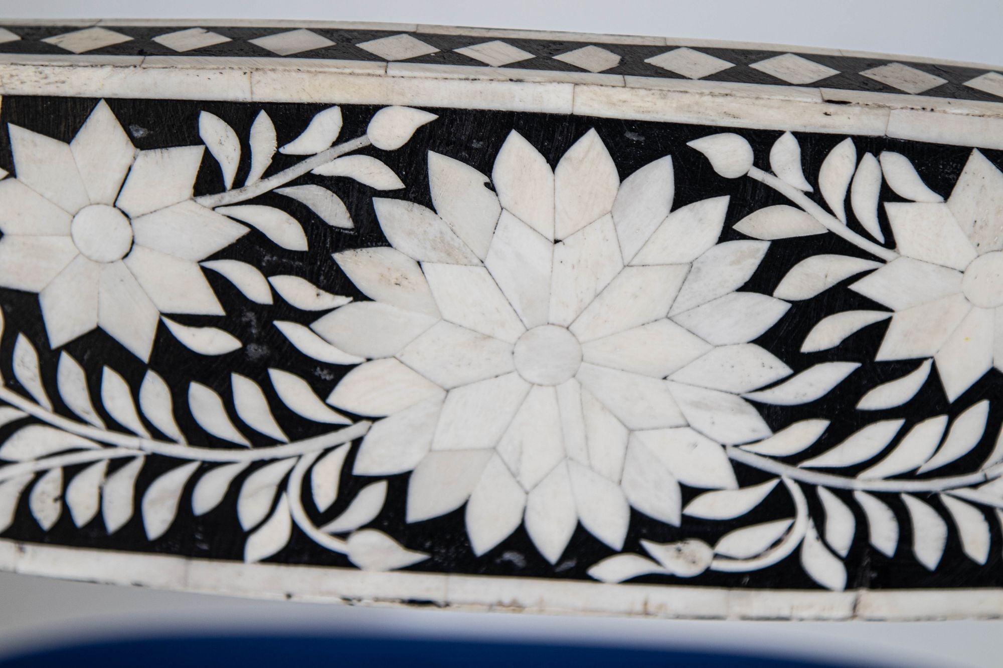 Antique Anglo-Indian Side Chairs with Ram's Head Bone Inlay Royal Blue Seat Pair