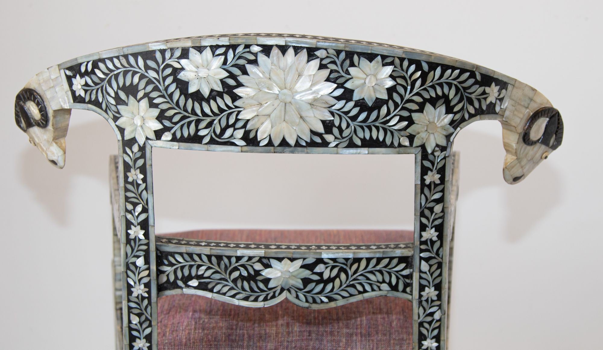 Anglo-Indian Mughal Mother of Pearl Inlaid Klismos Armchair with Ram Head 1 of 2